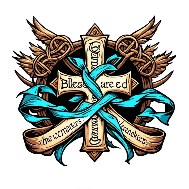 celtic Cross with ""Blessed are the peacemakers" written on blue flowing ribbon draped on cross tattoo design idea