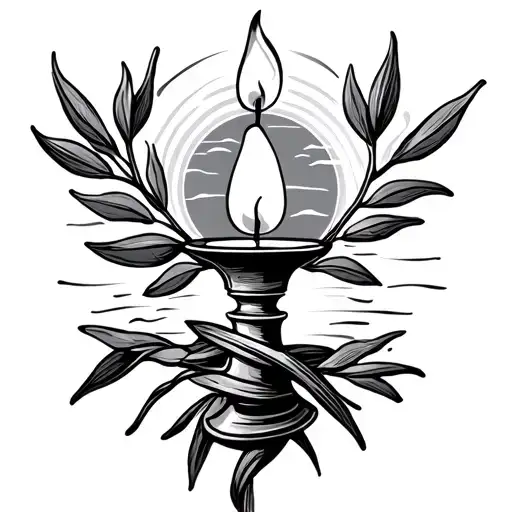 a lit candle stick where the flame becomes a sunrise with an olive branch wrapping around the candlestick tattoo design idea