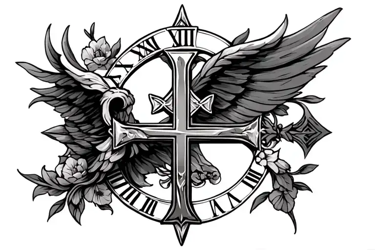pheniox Roman catholic cross roman numerals tattoo design idea