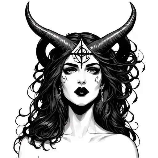 dark goddess lilith with the sigil of lilith in black on her forehead, horns, and dark lips tattoo design idea