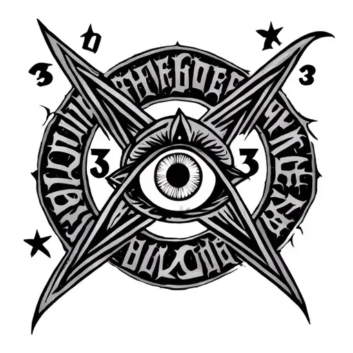 pentagram with eye in the middle, 333 in gothic lettering tattoo design idea