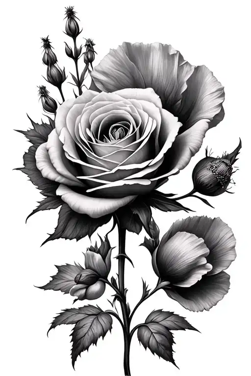 realistic rose, larkspur and poppy with stems representing my sons tattoo design idea