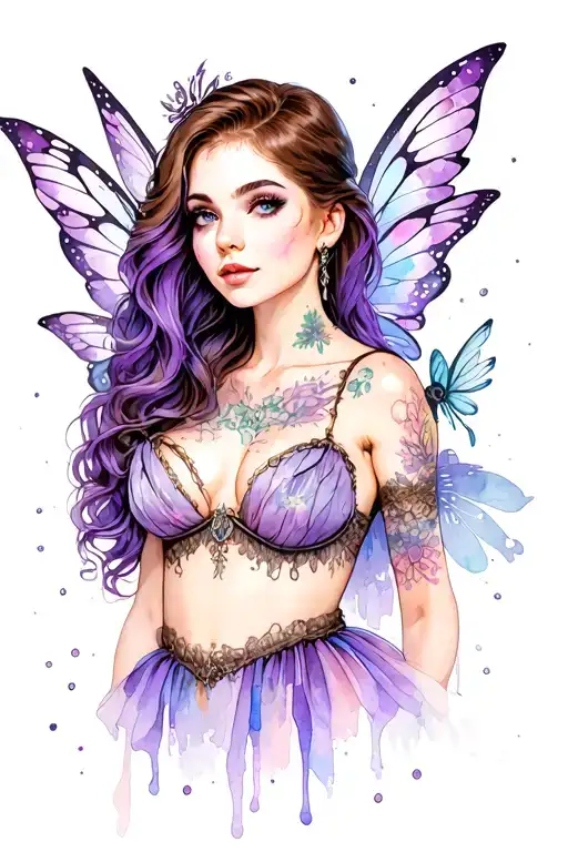 full body pinup girl with brown hair with purple highlights in the hair frontal showing cleavage in fairy outfit w/ wing tattoo design idea