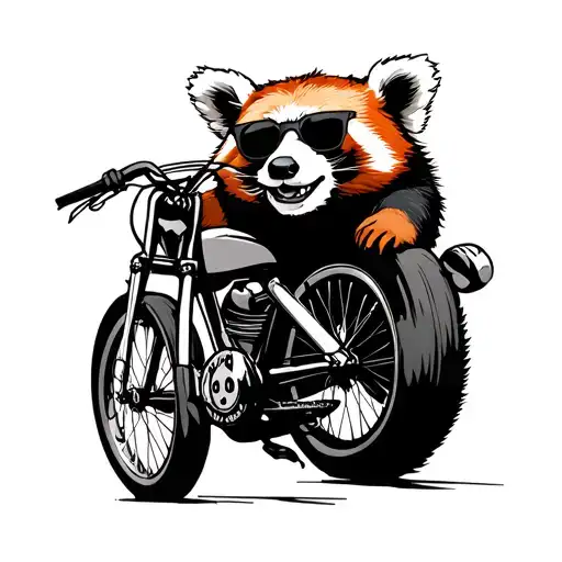 smiling red panda bear riding a road bike wearing sunglasses tattoo design idea