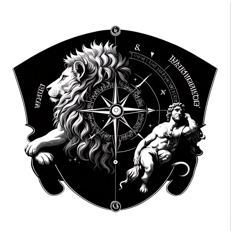 Leo theme backpiece with a lion on the center, Apollo greek god on the right, astronomical compass on the left.  tattoo design idea