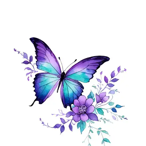 a purple and teal butterfly with the colors ombre from purple at the top to teal at the bottom, with vines and flowers tattoo design idea
