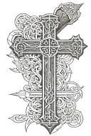 A sharp 3 nail cross with detail and realism with James 2:18 written under in a nice readable font representing jesus tattoo design idea