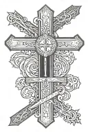 A sharp 3 nail cross with detail and realism with James 2:18 written under in a nice readable font representing jesus tattoo design idea
