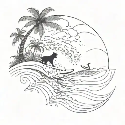A sketch of an ocean wave with palm trees and a black cat surfing on top tattoo design idea