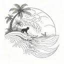 A sketch of an ocean wave with palm trees and a black cat surfing on top tattoo design idea