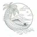 A sketch of an ocean wave with palm trees and a black cat surfing on top tattoo design idea