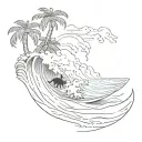A sketch of an ocean wave with palm trees and a black cat surfing on top tattoo design idea