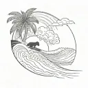 A sketch of an ocean wave with palm trees and a black cat surfing on top tattoo design idea