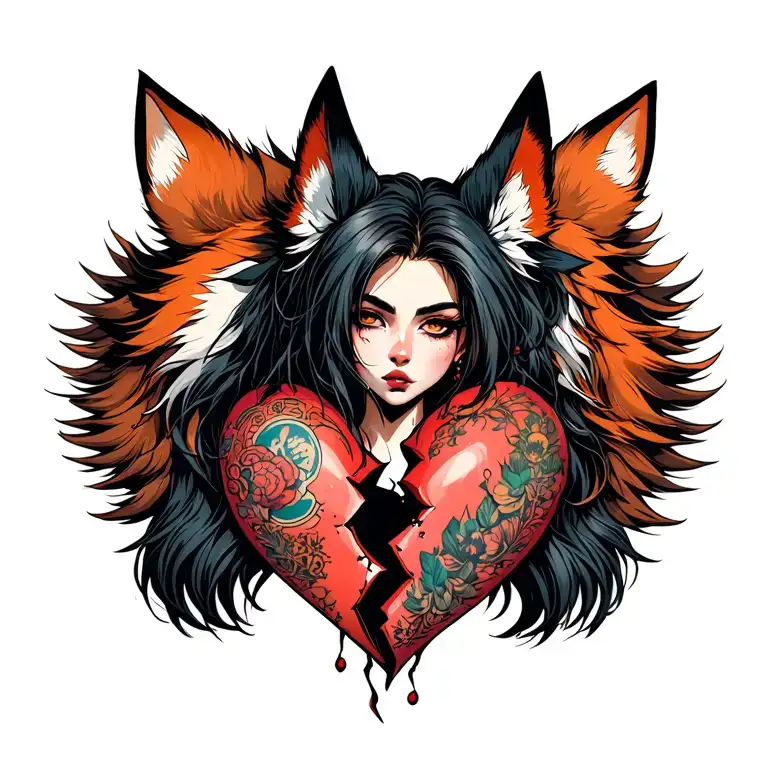 anime woman with tattoos and fox ears stitching together a broken heart wrapped with fox tails tattoo design idea