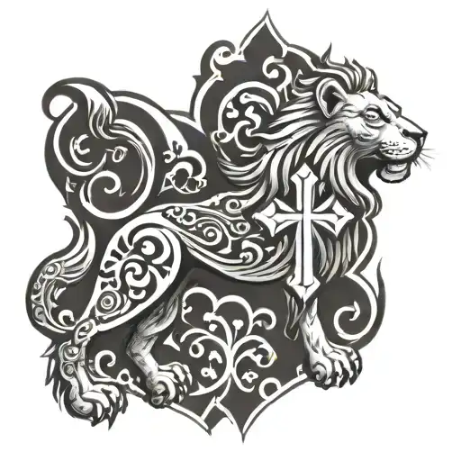 Nordic Christian cross lion tattoo design idea