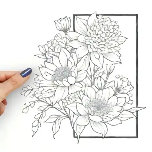 chrysanthemum, carnation, aster, lily of the valley bouquet tattoo design idea