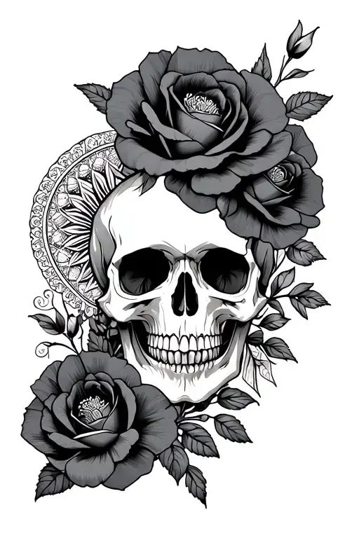 skull with roses and poppies and a mandala design incorporating tattoo design idea