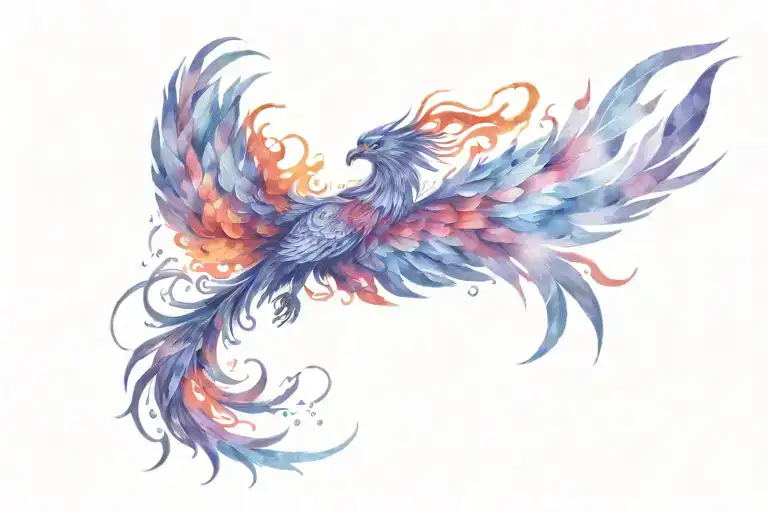 purple red and blue long tail feathered Phoenix rising up from the fire  tattoo design idea