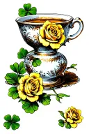 yellow roses 4 leaf Clover tea cup tattoo design idea