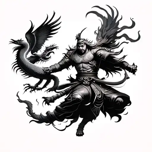 Tattoo starting from wrist and covering the entire forearm depicting a samurai warrior, a dragon and a phoenix fighting tattoo design idea