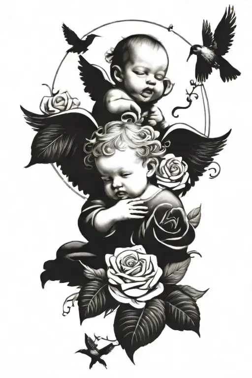 baby angel with roses and clouds and birds tattoo design idea