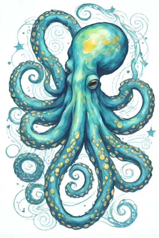 one octopus, van gogh starry night swirl tattoo design idea