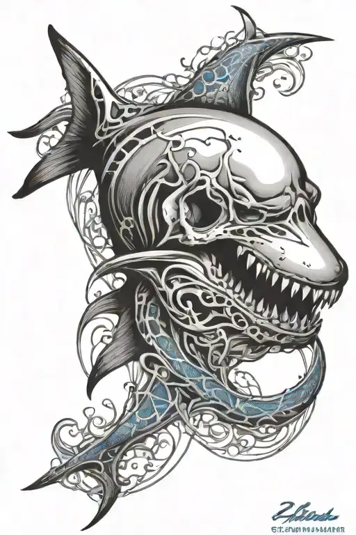 Shark skull black and white bursting through blue and white beautiful waves with fishnet and pearl frame tattoo design idea
