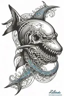 Shark skull black and white bursting through blue and white beautiful waves with fishnet and pearl frame tattoo design idea