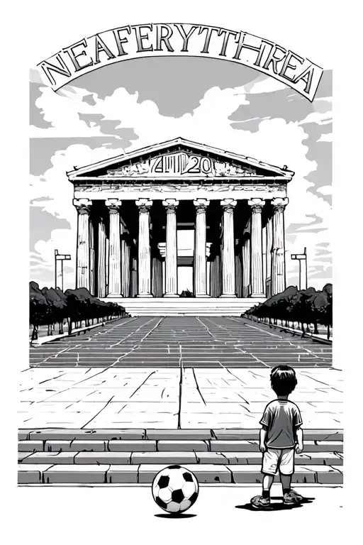 on thr bottom ATH and 210 then stree signs saying nea erythrea an a kid with a soccer ball lookinhg up to the parthenon  tattoo design idea