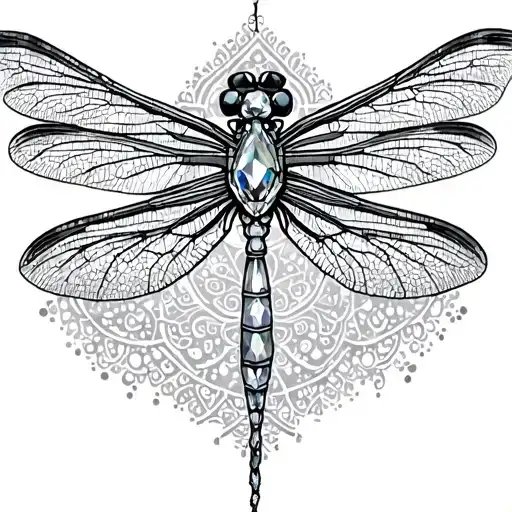 Dragonfly mandala design incorporating jewels, sacred geometry, and dots tattoo design idea