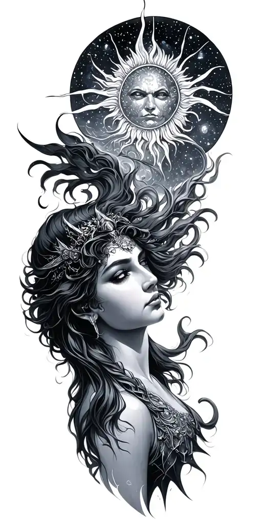 Selene goddess Apollo the sun god and Orion the hunter in the cosmos tattoo design idea