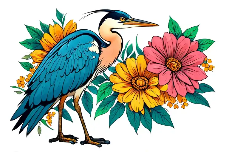 blue heron with flowers intertwined tattoo design idea