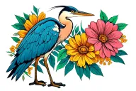 blue heron with flowers intertwined tattoo design idea