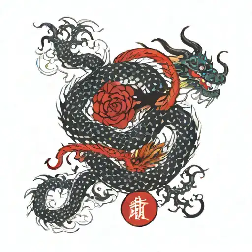 two chinese dragons black and red intertwined tattoo design idea