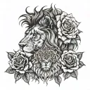 lion face and phenix head looking away with 3 full roses below the image tattoo design idea