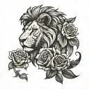 lion face and phenix head looking away with 3 full roses below the image tattoo design idea