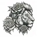 lion face and phenix head looking away with 3 full roses below the image tattoo design idea