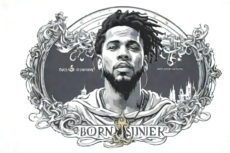 the album art cover of J Cole's album "Born Sinner(deluxe)" with lyrics incorporated at the bottom tattoo design idea