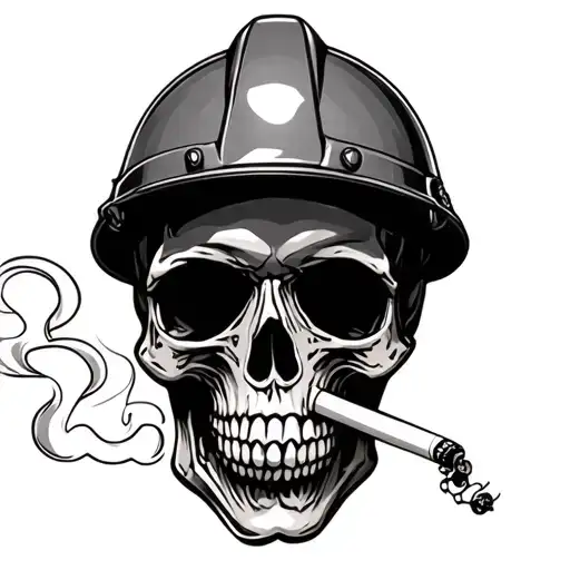 skull with hardhat smoking a cigarette tattoo design idea