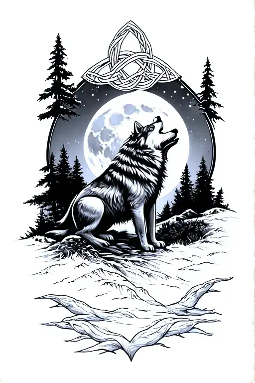 forearm tattoo of a wolf howling at the moon in the forest landscape with a celtic sailor knot above around the forearm tattoo design idea