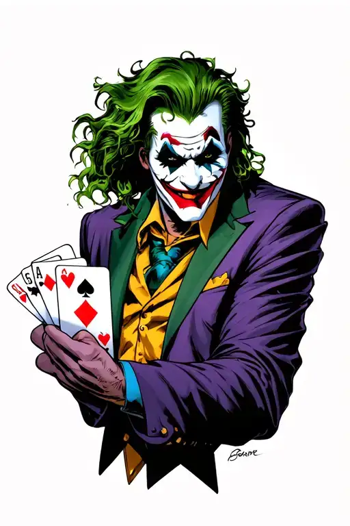 upper body side view of joker DC comic book character with heavy smile holding 4 aces & joker card in 1 hand tattoo design idea