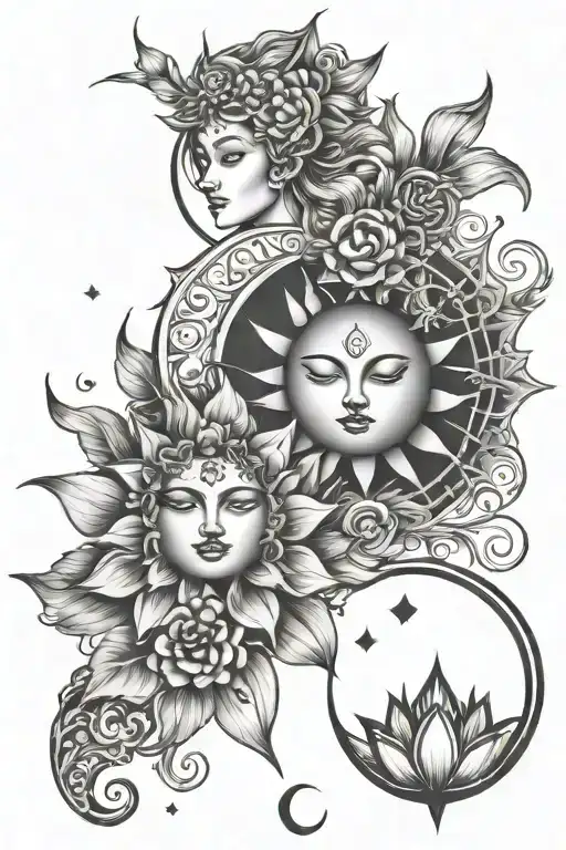 sun and moon separate with two fairies A lotus flower and sun flower  tattoo design idea