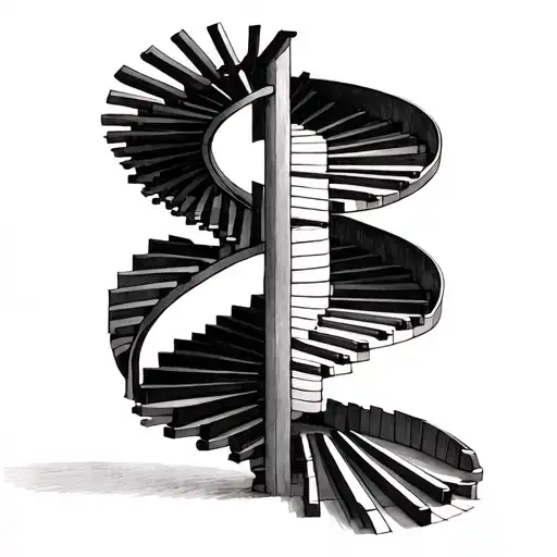 spiral staircase made of piano keys that start together at the top and fall apart as it gets closer to the bottom tattoo design idea