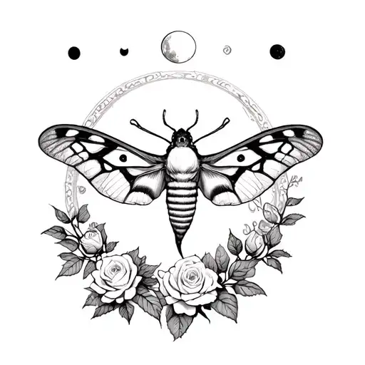 Death moth emerging out of a bed of roses. moon phases overhead tattoo design idea