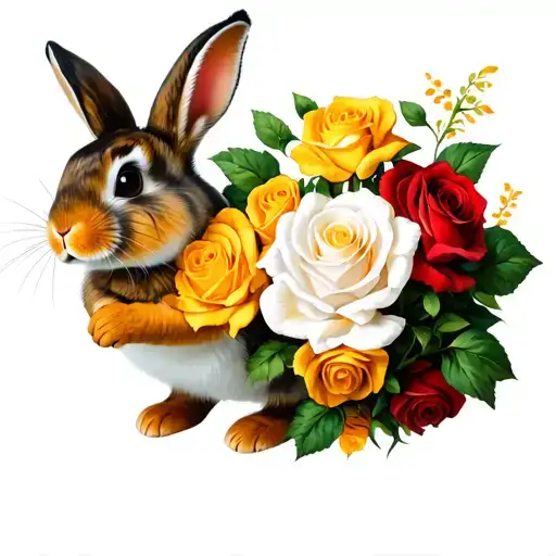 bunny holding white red and yellow roses tattoo design idea