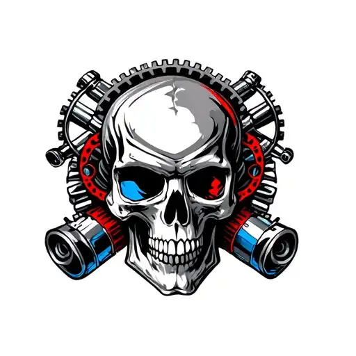 mens right arm full sleeve tattoo, black, white, red, blue, biomechanical, gears, metal rods, pistons, one skull on uppe tattoo design idea