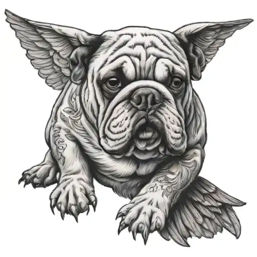 English bulldog and a parakeet with outstretched wings, both in profile tattoo design idea