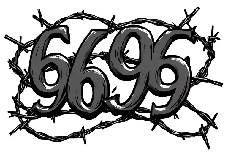 The numbers 666 and 999 centered on top of each other wrapped in barbed wire tattoo design idea