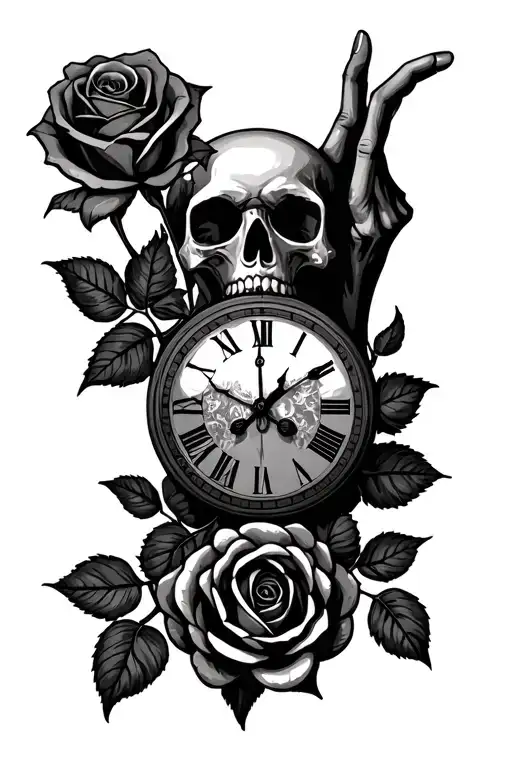 Skull and rose clock hands pointing tattoo design idea