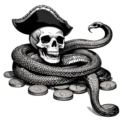 A king cobra coiled around a pirate's skull on a pile of coins tattoo design idea